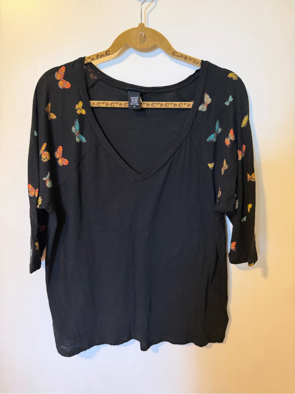 torrid Black V-Neck Long Sleeve Top with Multicolor Butterfly Print